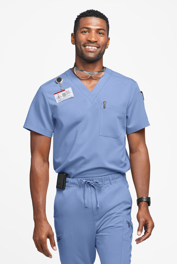 Camisa m&eacute;dica MOVEMENT BY BUTTER-SOFT Mars con cuello en V y 2 bolsillos para hombre - Ceil Blue - 2