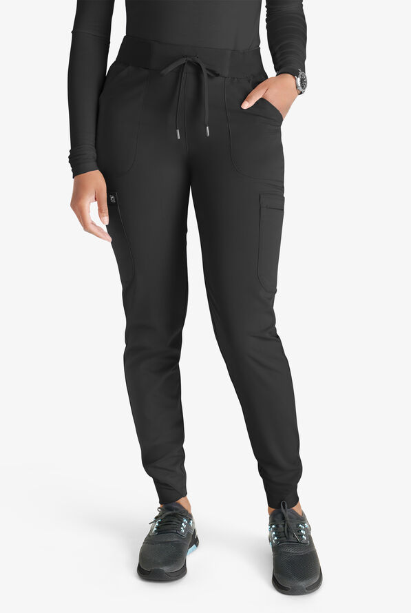 Cherokee Atmos Women's 4-Pocket STRETCH Coolmax Drawstring Cargo Half Jogger Scrub Pants - Black - 1