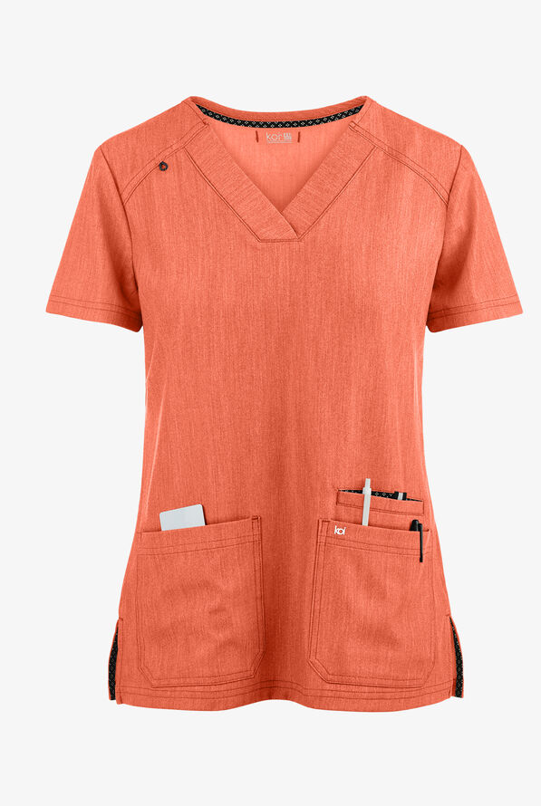 koi Next Gen Hustle and Heart Women's 3-Pocket STRETCH V-Neck Scrub Top - Heather Coral - 1