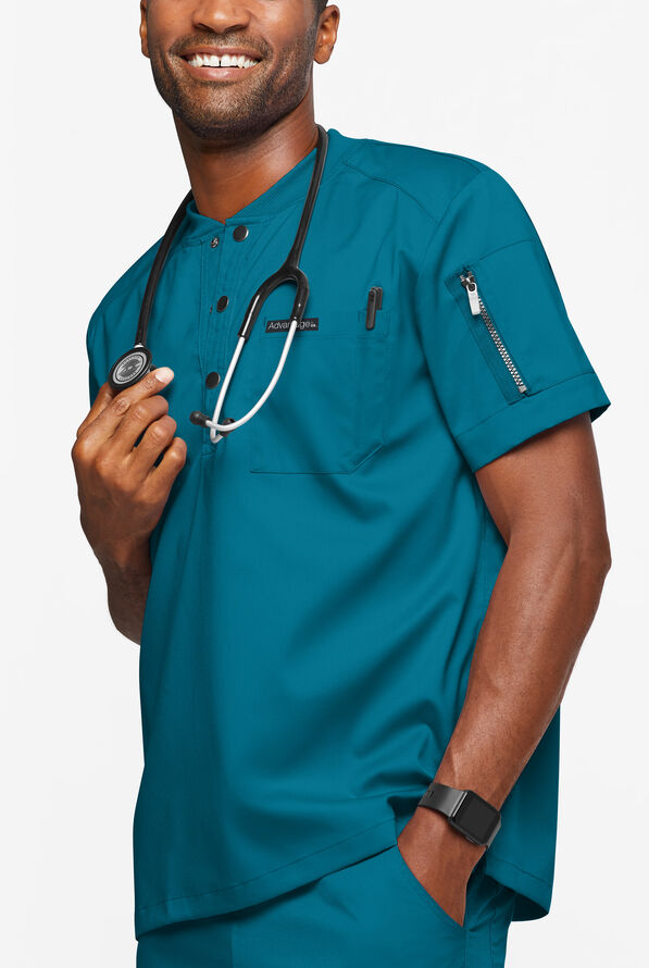 Advantage STRETCH Men's 2-Pocket Short Sleeve Henley Scrub Top - Caribbean Blue - 2