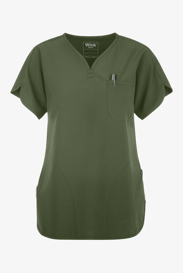 Wink Renew Women's 3-Pocket STRETCH Dolman Notch Sleeve Y-Neck Scrub Top - Olive - 1