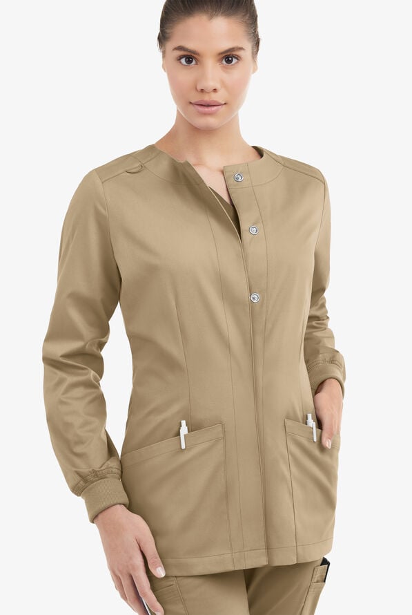 Butter-Soft STRETCH Women's 2-Pocket Long Sleeve Snap Front Scrub Jacket - Golden Sand - 2