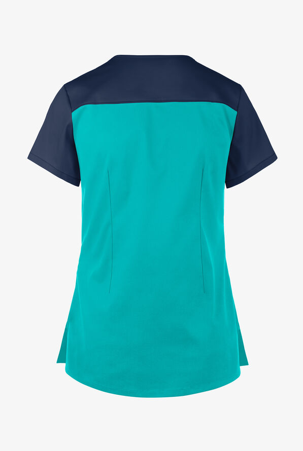 Blusa m&eacute;dica UA Butter-Soft STRETCH asim&eacute;trica con 5 bolsillos para mujer - Bright Teal/NavyBright Teal/Navy - 3