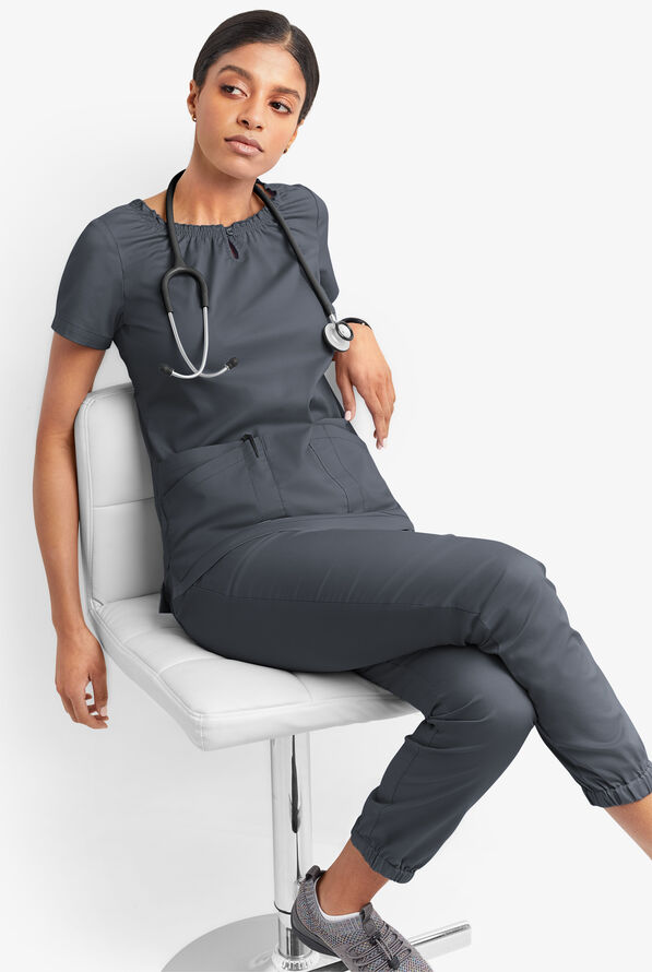 Butter-Soft STRETCH Women's 6-Pocket Short Sleeve Peasant Style Scrub Top - Pewter - 6