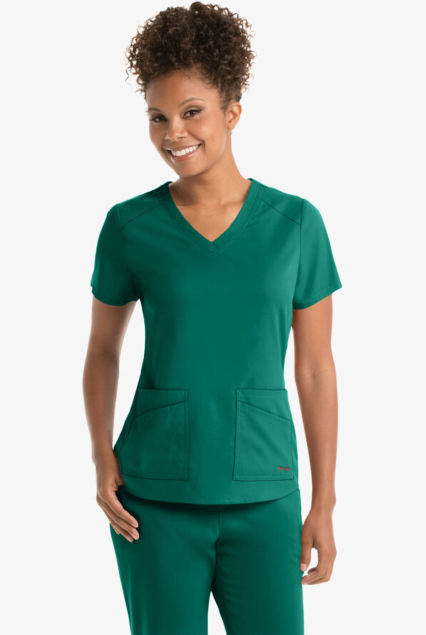 Blusa m&eacute;dica Grey&rsquo;s Anatomy Spandex STRETCH con cuello en V y 4 bolsillos para mujer - Hunter - 2
