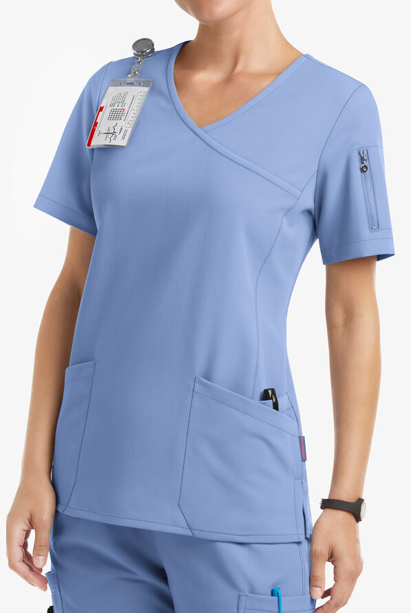 MOVEMENT by Butter-Soft Capella Women's 5-Pocket Faux Wrap STRETCH Scrub Top - Ceil Blue - 2