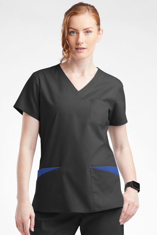 Butter-Soft Originals Women's 7-Pocket Rounded V-Neck Scrub Top - Black/Galaxy - 2