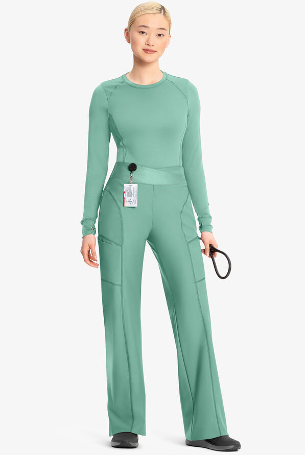 Infinity GNR8 Kinetic Knit Women's 5-Pocket STRETCH Cross-Over Waistband Wide Leg Scrub Pants - Matcha Latte - 4