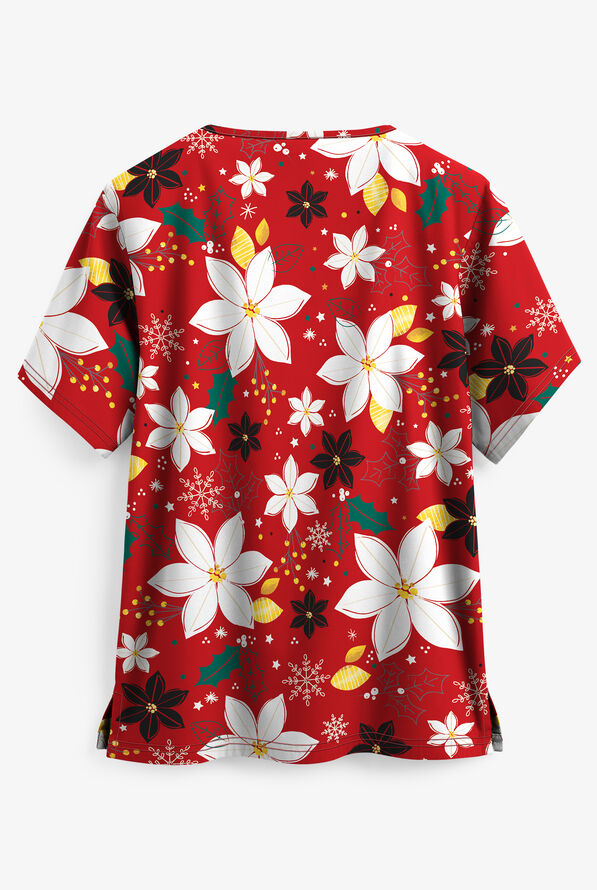 UA Holiday Poinsettia Red Women's 2-Pocket V-Neck Print Scrub Top - null - 2