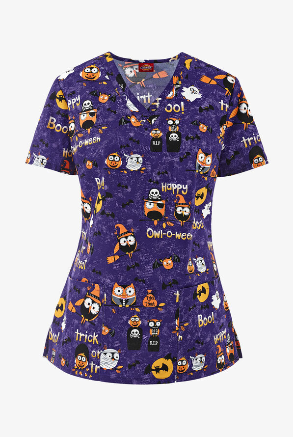 Dickies EDS Scrubs Happy Owl-o-ween Women's 2 Pockets STRETCH V-Neck Print Scrub Top - null - 1