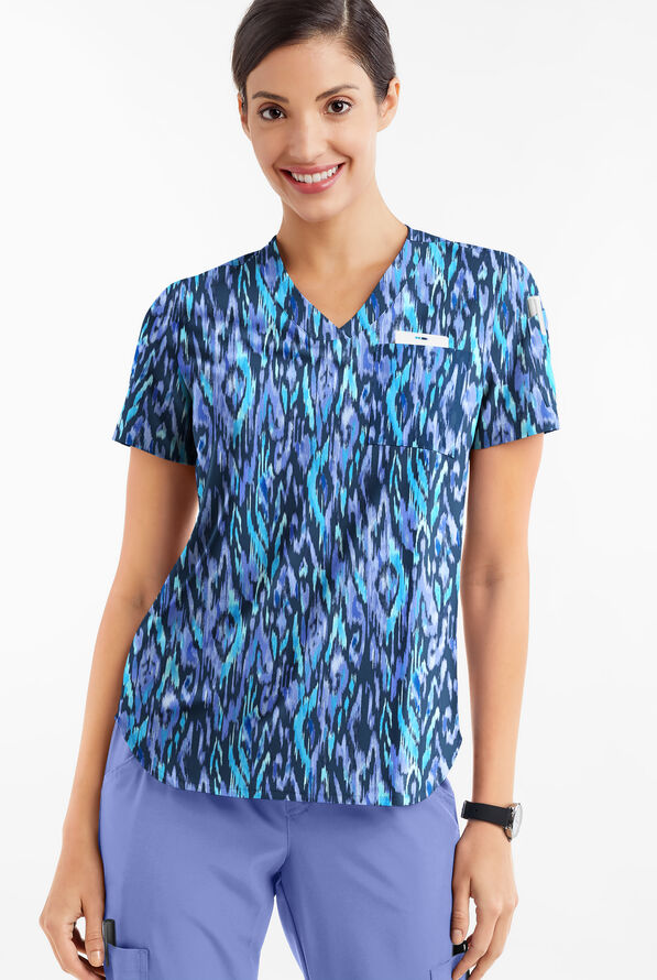 Easy STRETCH Rotterdam Ikat Navy Women's 2-Pocket Tuck-In V-Neck Print Scrub Top - null - 2
