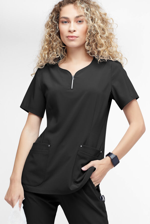 Blusa médica Easy STRETCH Arianna con cuello curvo y 4 bolsillos para mujer - Onyx Black - 2
