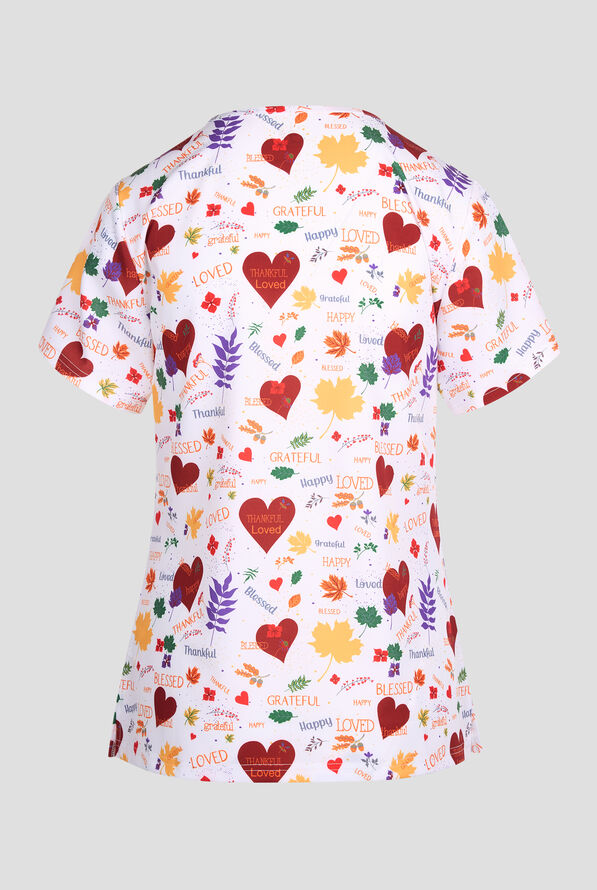 Green Town Inspirational Autumn Women's 3-Pocket STRETCH V-Neck Print Scrub Top - null - 2