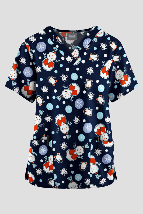 Butter-Soft Originals Frosty Nights Navy Women's 2-Pocket V-Neck Print Scrub Top - null - 1