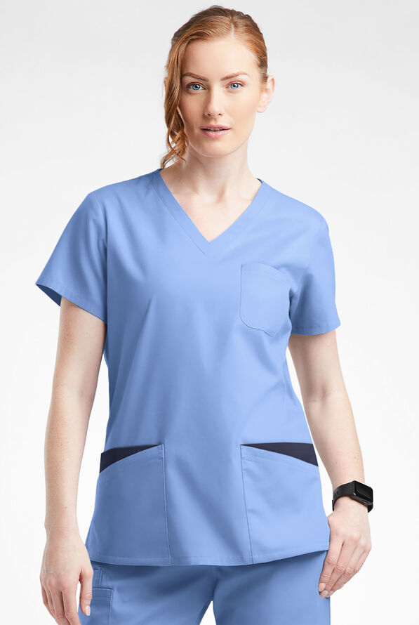 Blusa médica Butter-Soft Originals con cuello en V redondeado y 7 bolsillos para mujer - Ceil/Navy - 2