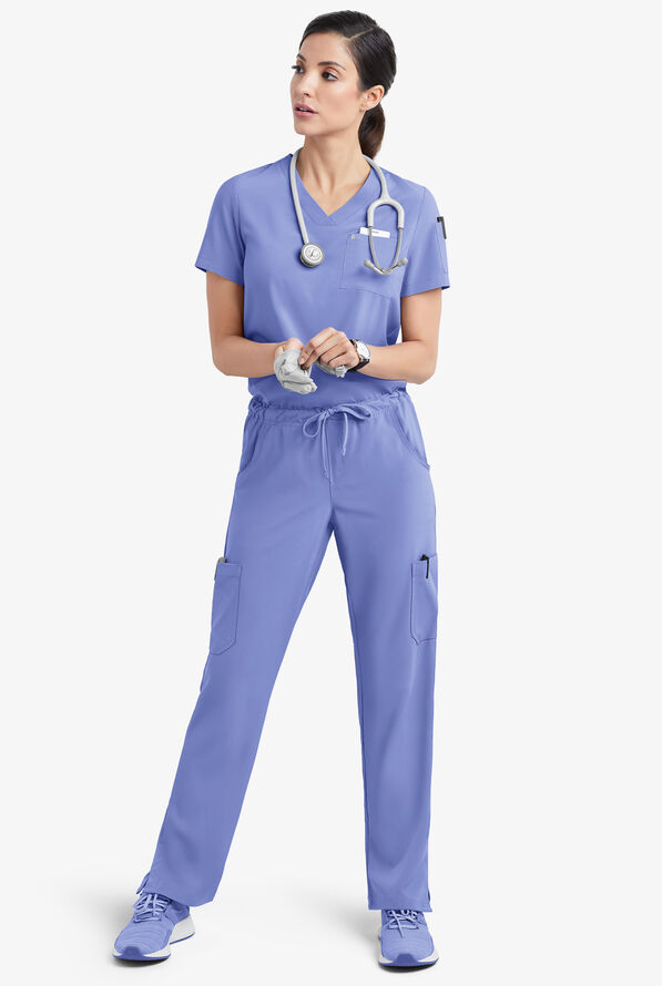 Easy STRETCH Chloe Women's 3-Pocket V-Neck Tuck-In Scrub Top - Ceil Blue - 2