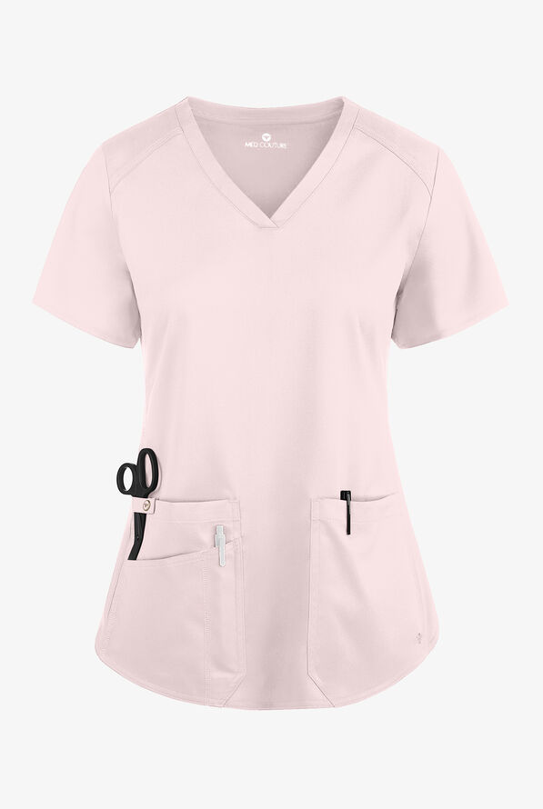Med Couture Touch Women's 3-Pocket STRETCH Rib-Knit Side Panels Shirttail V- Neck Scrub Top - Ice Pink - 1