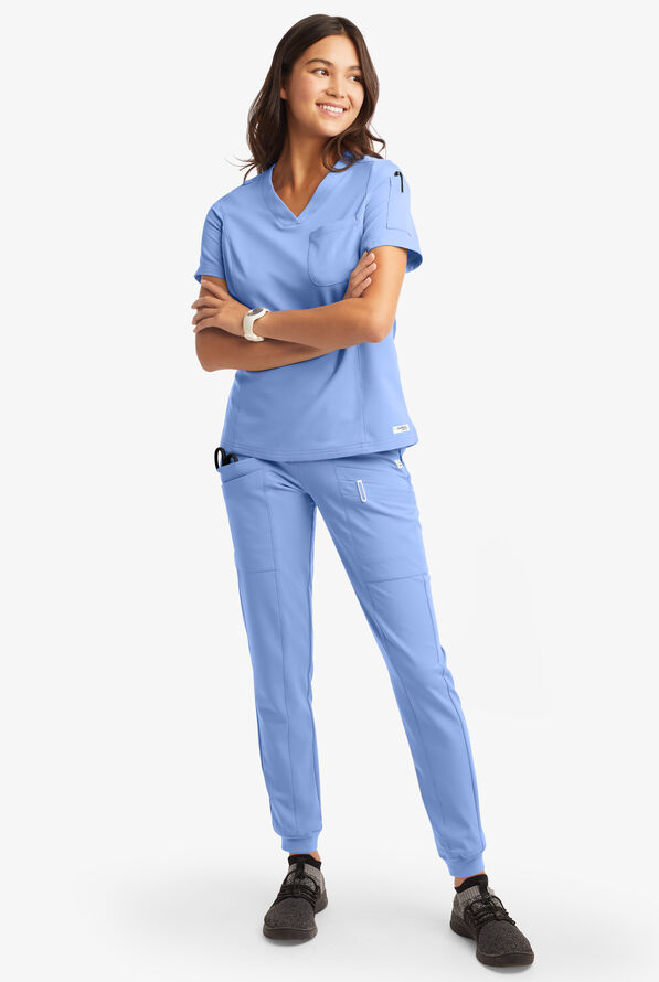 Butter-Soft Women's 3-Pocket V-Neck Tuck-In Scrub Top **Slightly IRREGULAR** - Ceil Blue - 1