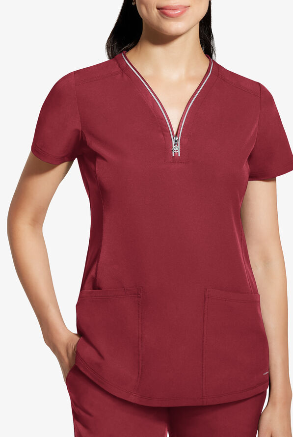 Healing Hands 360 Sonia Women's 3-Pocket STRETCH Reflective Y-Neck Zip Scrub Top - Garnet Red - 2