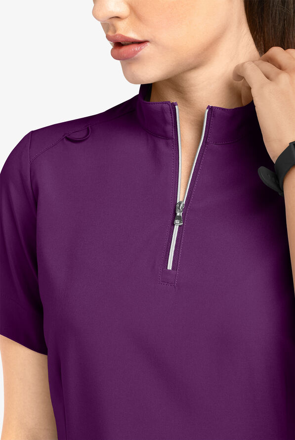 Easy STRETCH Jen Women's 4-Pocket Zip-Neck Short Sleeve Scrub Top - Eggplant - 3