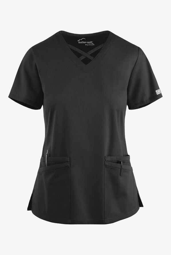 Butter-Soft STRETCH Women's 4-Pocket Crisscross Scrub Top - Black - 1