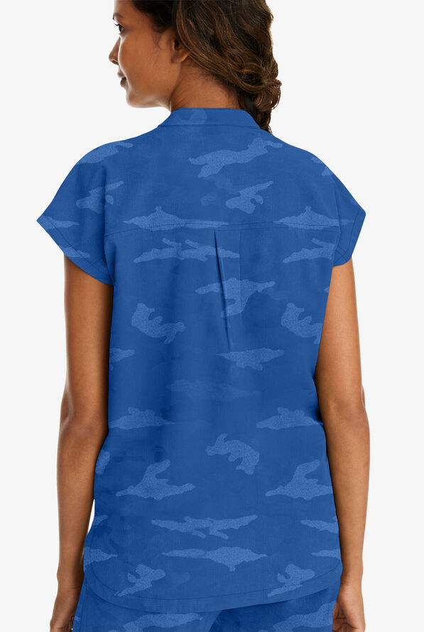 Healing Hands Purple Label Camo Women's 2-Pocket STRETCH Dolman Sleeve Mandarin Collar Scrub Top - Royal - 3