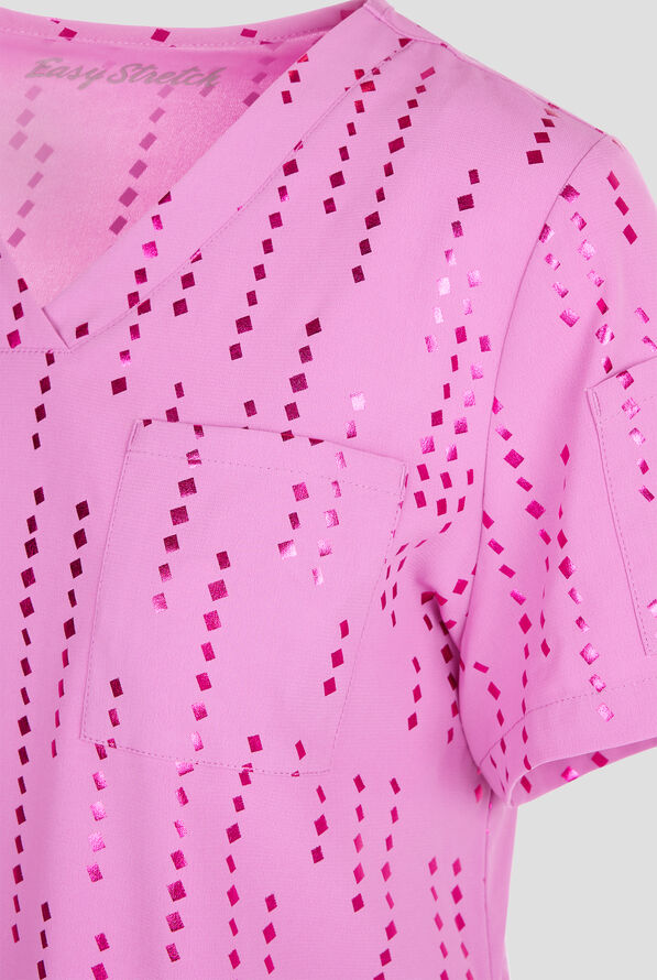 Easy STRETCH Matrix Pixels Magnesium Pink Chloe Women's 2-Pocket Tuck In  V-Neck Print Scrub Top - null - 2