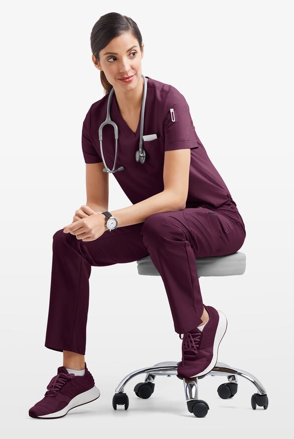Easy STRETCH Chloe Women's 3-Pocket V-Neck Tuck-In Scrub Top - Dark Mulberry - 6