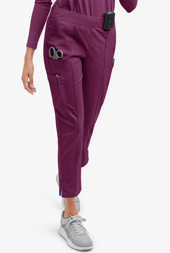 Butter-Soft STRETCH Women's 6-Pocket Pin-Tuck Crop Slim with Sport Trim Detail Scrub Pants - Wine/Silver Melange - 1