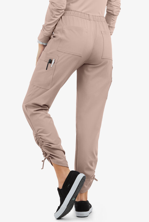 Easy STRETCH Halle Women's 11-Pocket Ruched Leg Jogger Scrub Pants - Petite - Mocha Meringue - 2