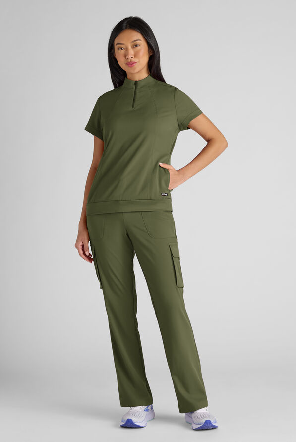 Grey's Anatomy by Barco Emerge Rowen Women's 2-Pocket STRETCH Banded Bottom Zip Scrub Top - Olive - 7