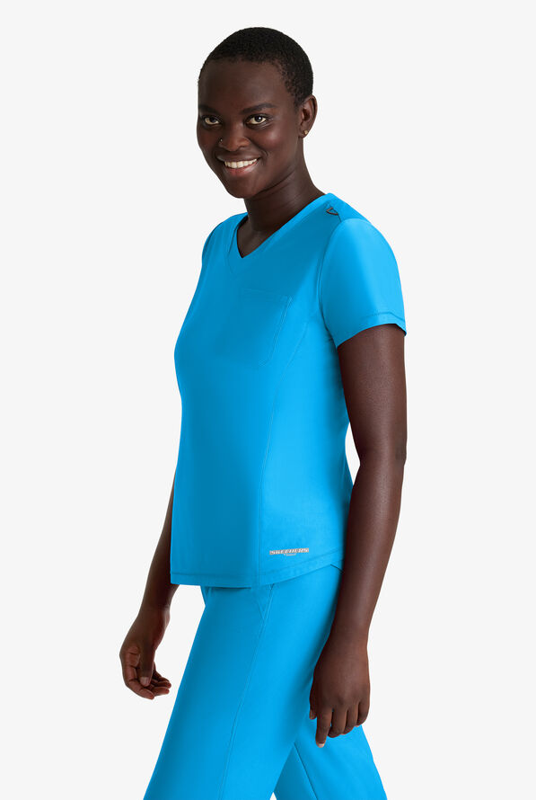 Skechers by Barco Slip-ins Flow Women's 1-Pocket STRETCH Tulip Hem Tuck In V-Neck Scrub Top - Bold Azure - 4