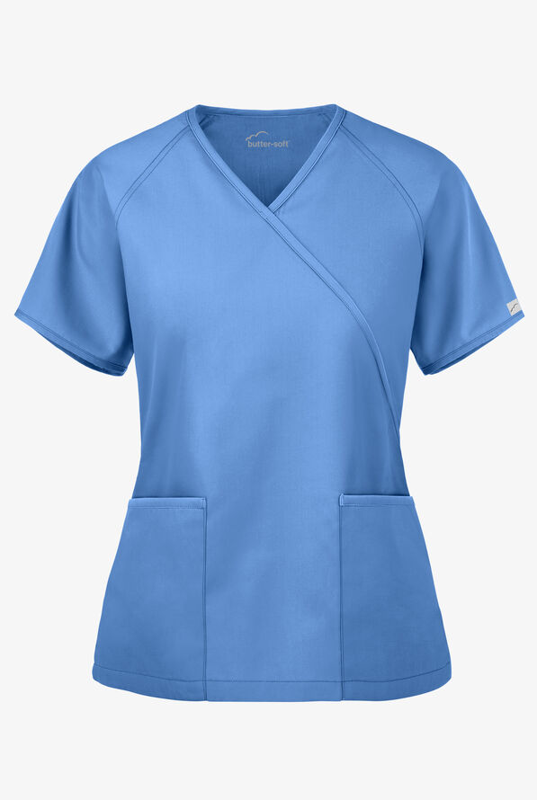Butter-Soft Core Women's 2-Pocket Solid Mock Wrap Scrub Top - Ceil Blue - 1