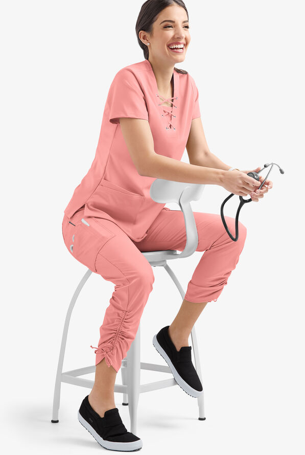 Easy STRETCH Halle Women's 11-Pocket Ruched Leg Jogger Scrub Pants - Autumn Coral - 4