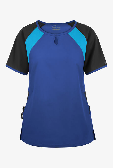 Blusa médica Butter-Soft Originals Tri-Colorblock con cuello ojo de cerradura y 3 bolsillos para mujer