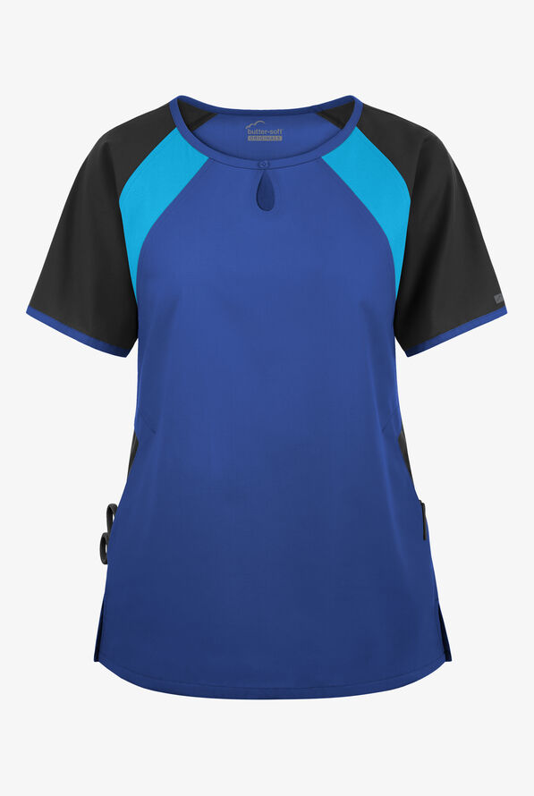 Blusa médica Butter-Soft Originals Tri-Colorblock con cuello ojo de cerradura y 3 bolsillos para mujer - Galaxy/Black/Turquoise - 1