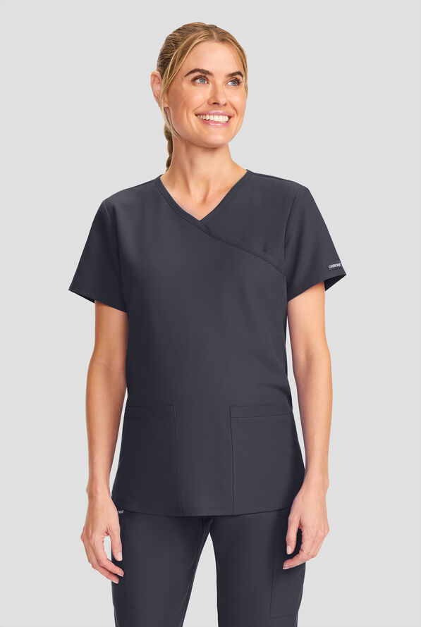 Cherokee Workwear Originals Ultra Women's 2-Pocket STRETCH Maternity Mock Wrap Scrub Top - Pewter - 2