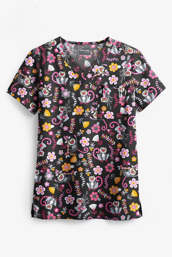 UA Butter-Soft STRETCH Lemur Love Black Printed Women's 1-Pocket V-Neck Scrub Top - null - 1
