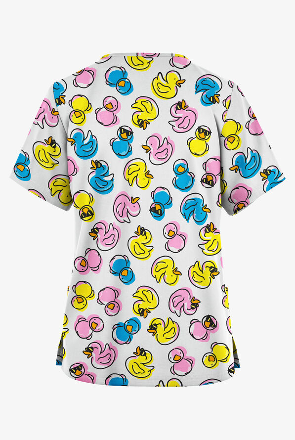 Butter-Soft Originals Lucy Duck White Women's 2-Pocket V-Neck Print Scrub Top - null - 2