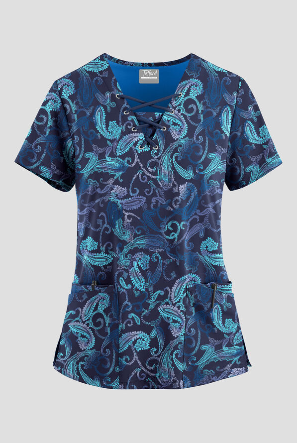 Tafford Active STRETCH Paisley Tie Dye Navy Women's 4-Pocket Lace Up V-Neck Print Scrub Top - null - 1