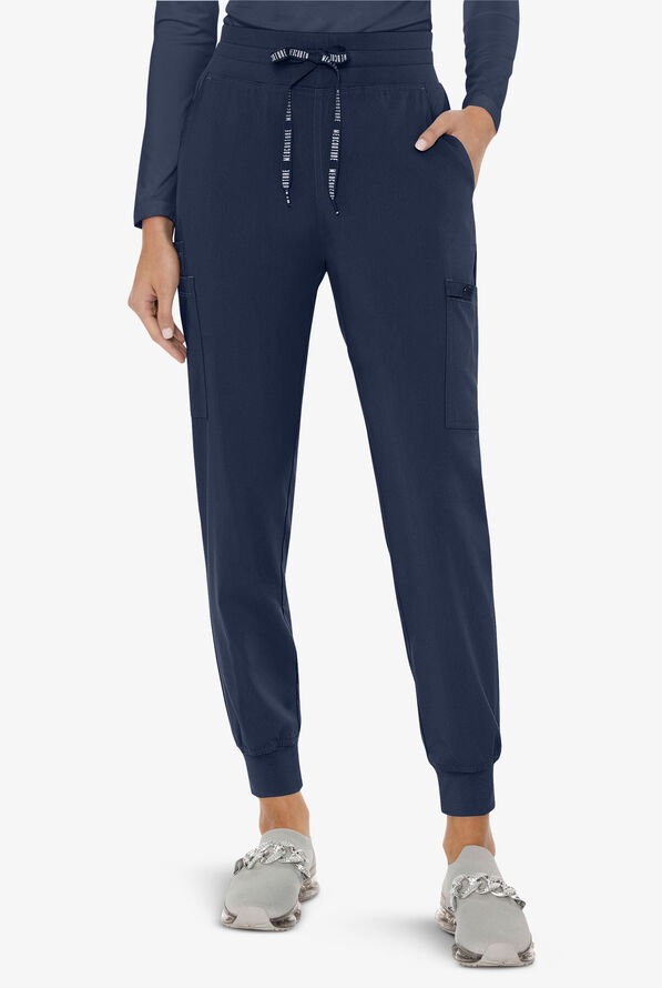 Med Couture Touch Women's 6-Pocket STRETCH High Waisted Double Cargo Jogger Scrub Pants - Navy - 1
