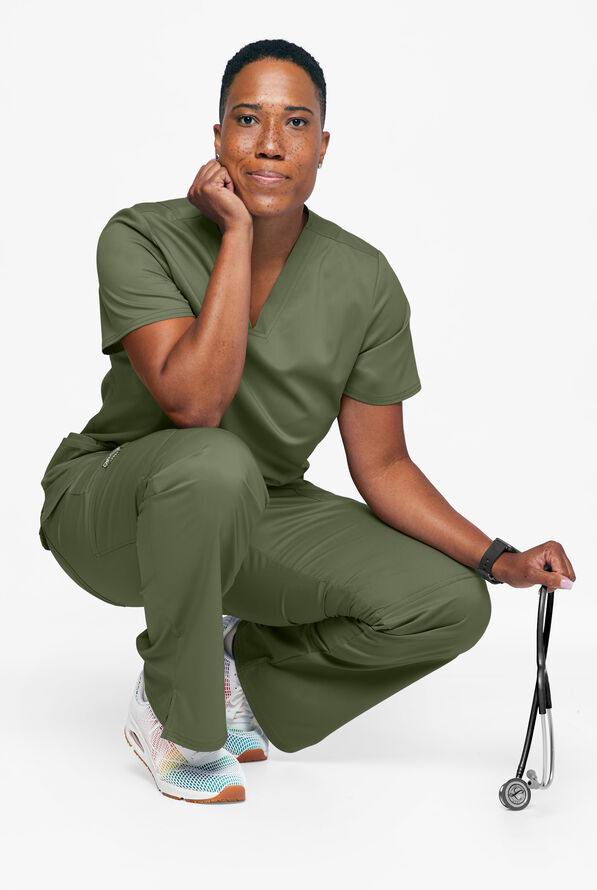 Cherokee Workwear Revolution Women's 3-Pocket STRETCH V-Neck Scrub Top - Olive - 3