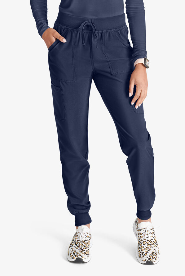 Cherokee Collection Women's 4-Pocket STRETCH Rib-Knit Waistband Cargo Jogger Scrub Pants - Navy - 1