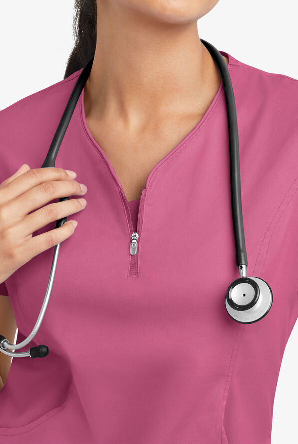 Butter-Soft STRETCH Women's 4-Pocket Curved Neck Zipper Scrub Top - Berry Haze - 5