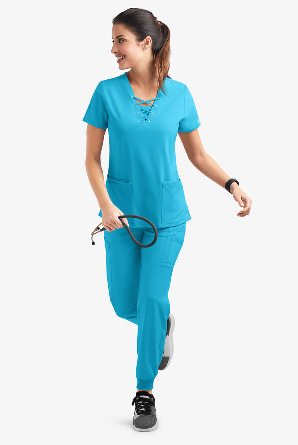 Easy STRETCH Gisele Women's 4-Pocket Lace Up V-Neck Scrub Top - Turquoise - 6