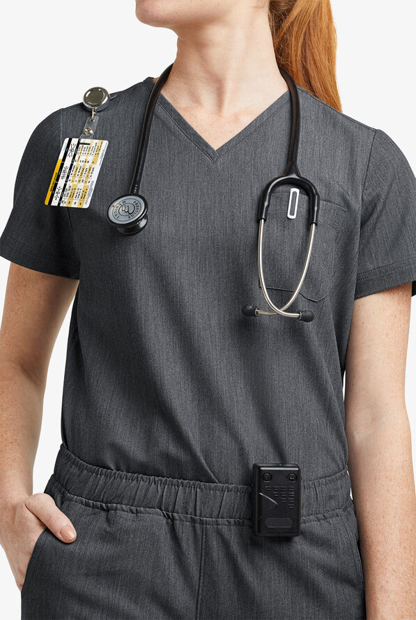 MOVEMENT by Butter-Soft Ceti Women's 1-Pocket V-Neck Tuck-In STRETCH Scrub Top - Charcoal Heather - 2