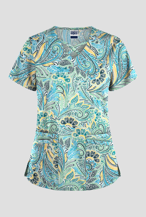 Strictly Scrubs STRETCH Vienna Paisley White Printed Women's 4-Pocket Crisscross Scrub Top - null - 1