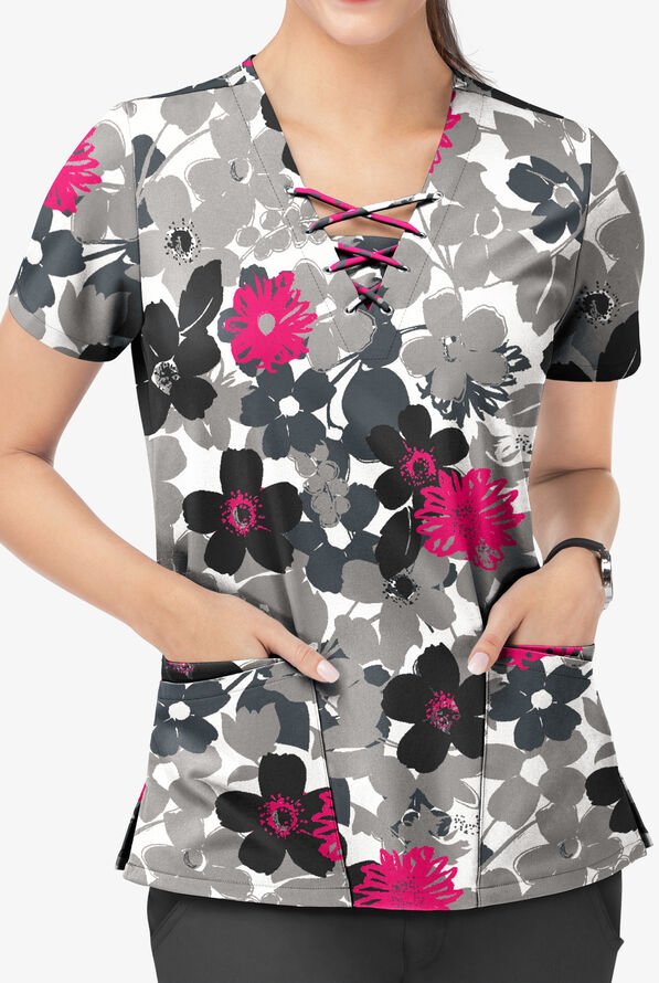 Easy STRETCH Fantasia White Print Scrub Top, Print Top