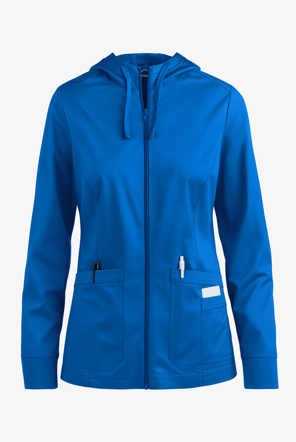Butter-Soft STRETCH Women's 3-Pocket Zip-Front with Cozy Knit Hood and Trim Scrub Jacket - Royal - 1