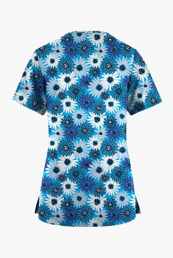 Butter-Soft Originals Pop Of Daisies Turquoise Women's 7-Pocket Curved V-Neck Print Scrub Top - null - 2